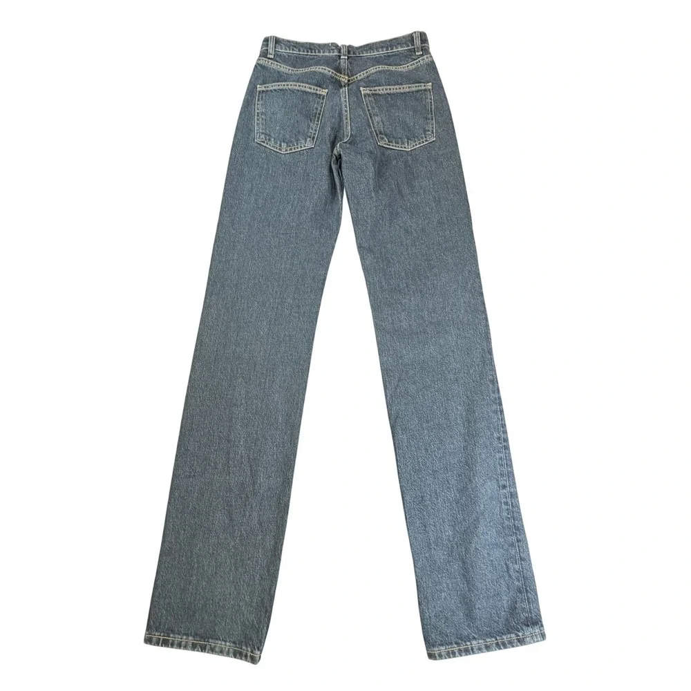 Zara Straight Leg Jeans Women 2L Criptic Blue 100% Cotton Mid Waist Button Fly